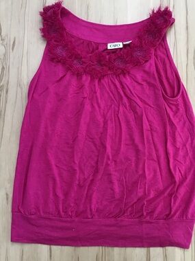 Cato Bright Fuchsia Hot Pink Sleeveless Tank with Floral Rosettes Trim